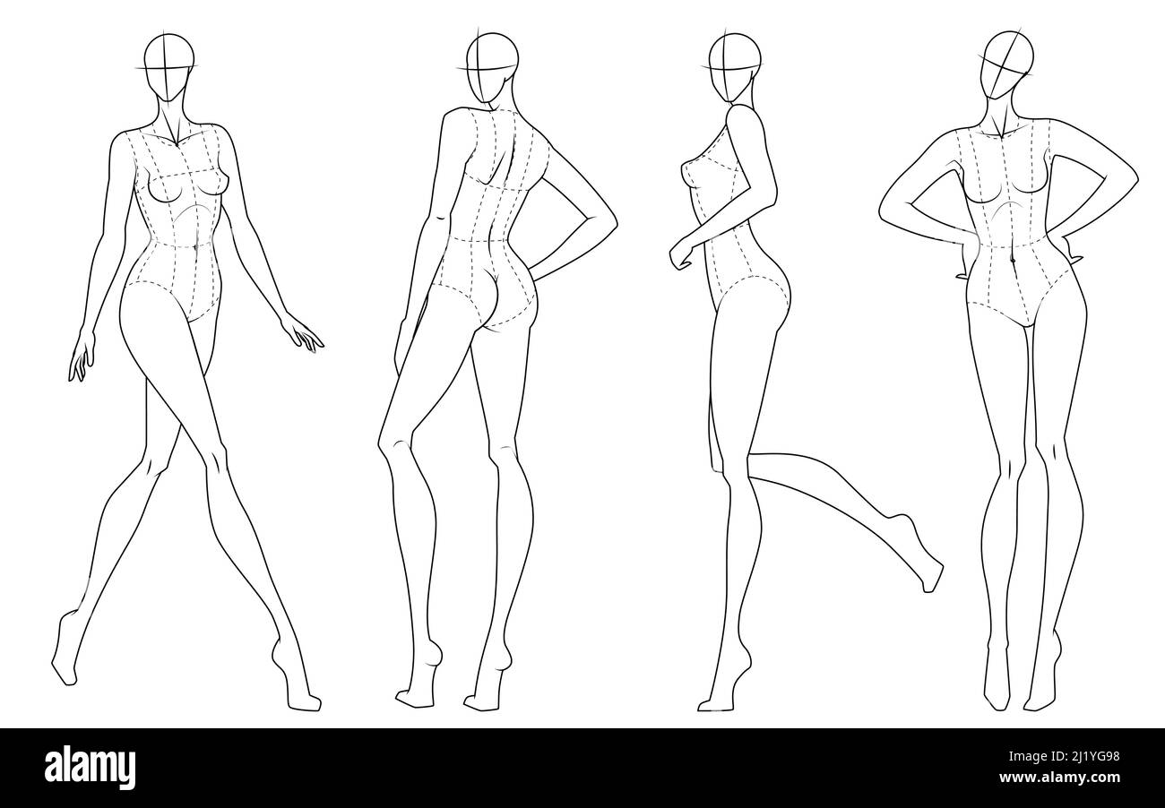 Moda figura dieci teste modello croquis indossando corpetto Illustrazione Vettoriale