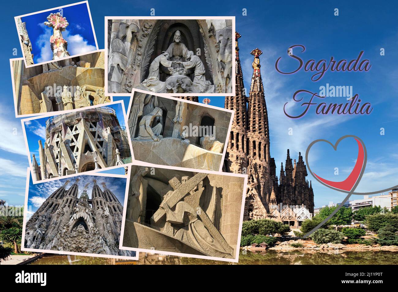 Collage fotografico della splendida Sagrada Familia cattedrale situata a Barcellona (Spagna) capolavoro dell'arte modernista di Antonio Gaudi- Foto Stock