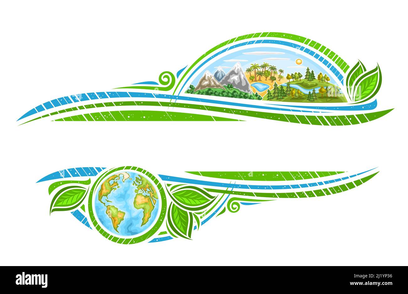 Confine vettoriale per la festa della Terra con copyspace per il testo di saluto, cornice decorativa con illustrazione della zona montagnosa, palme africane, legno Illustrazione Vettoriale