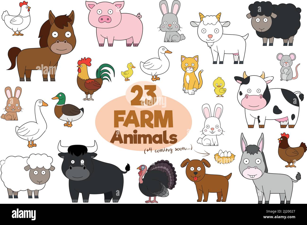 Set di 23 animali da fattoria in stile cartone animato Vector Illustration Illustrazione Vettoriale