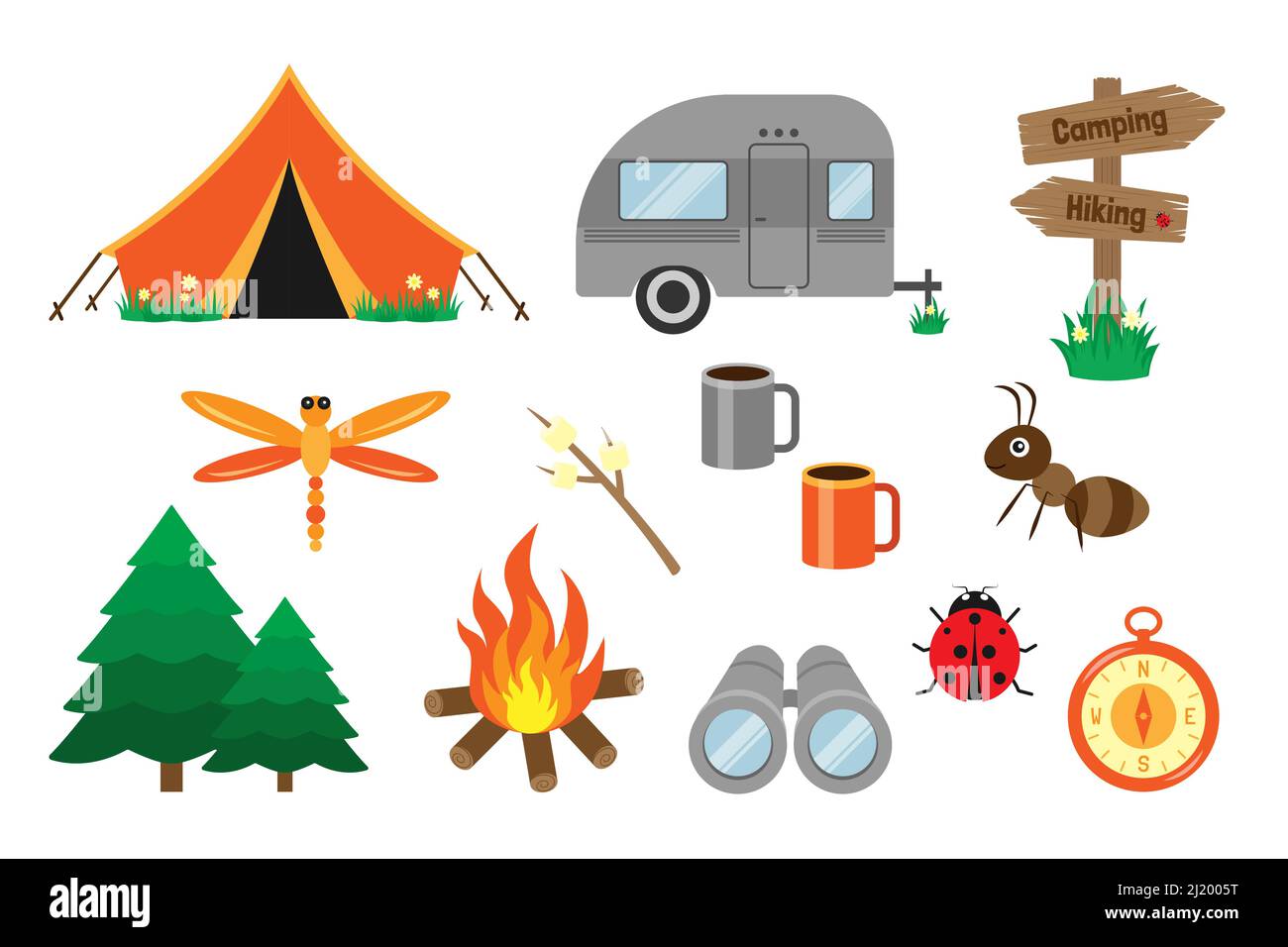 Camping ed elementi escursionistici set. Oggetti vettoriali isolati su sfondo bianco. Illustrazione Vettoriale