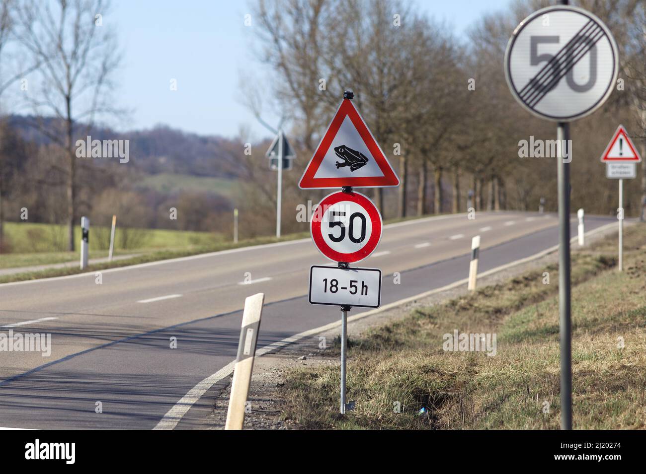 cartello di avvertimento migrazione toad su strada tedesca Foto Stock