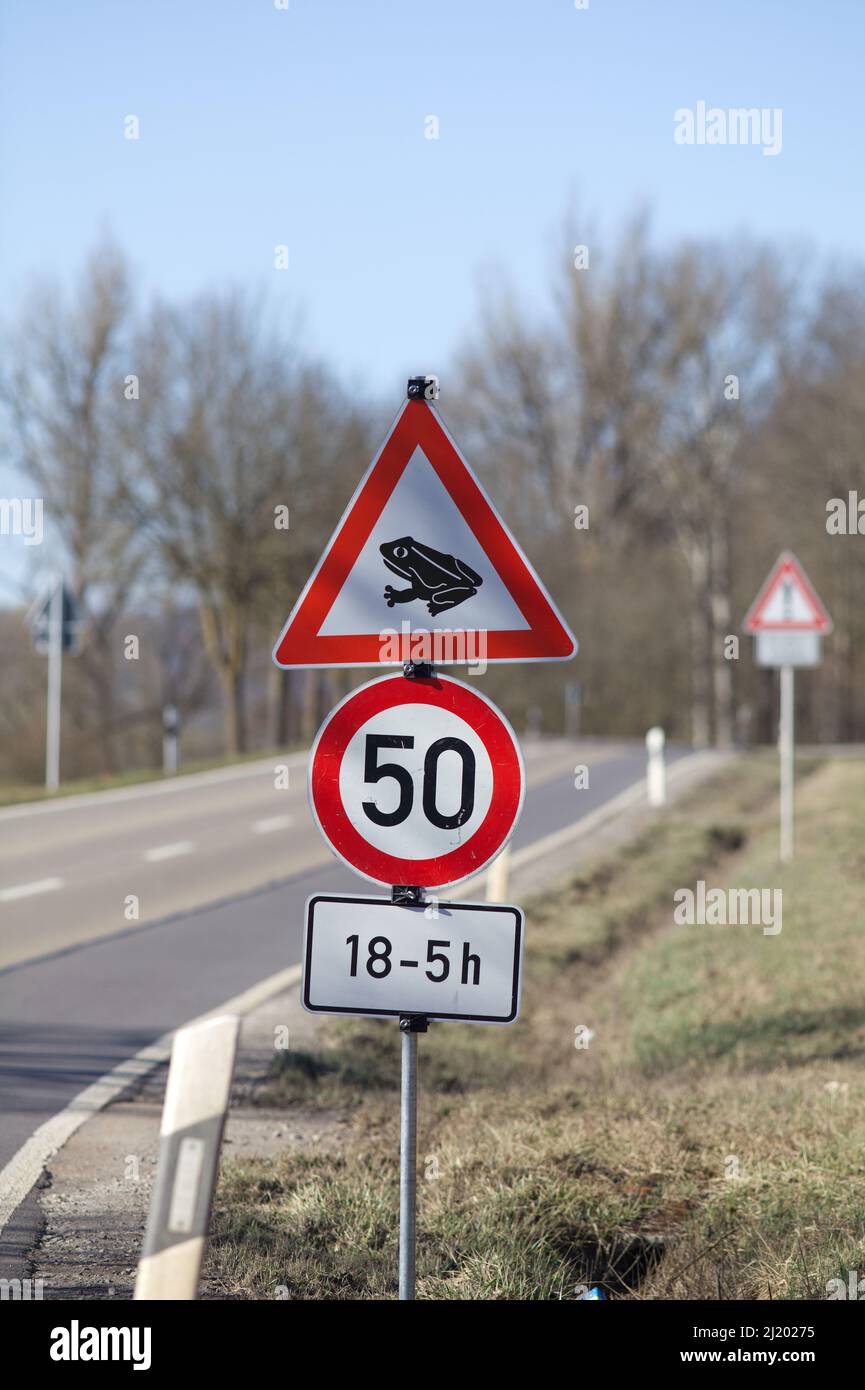 cartello di avvertimento migrazione toad su strada tedesca Foto Stock