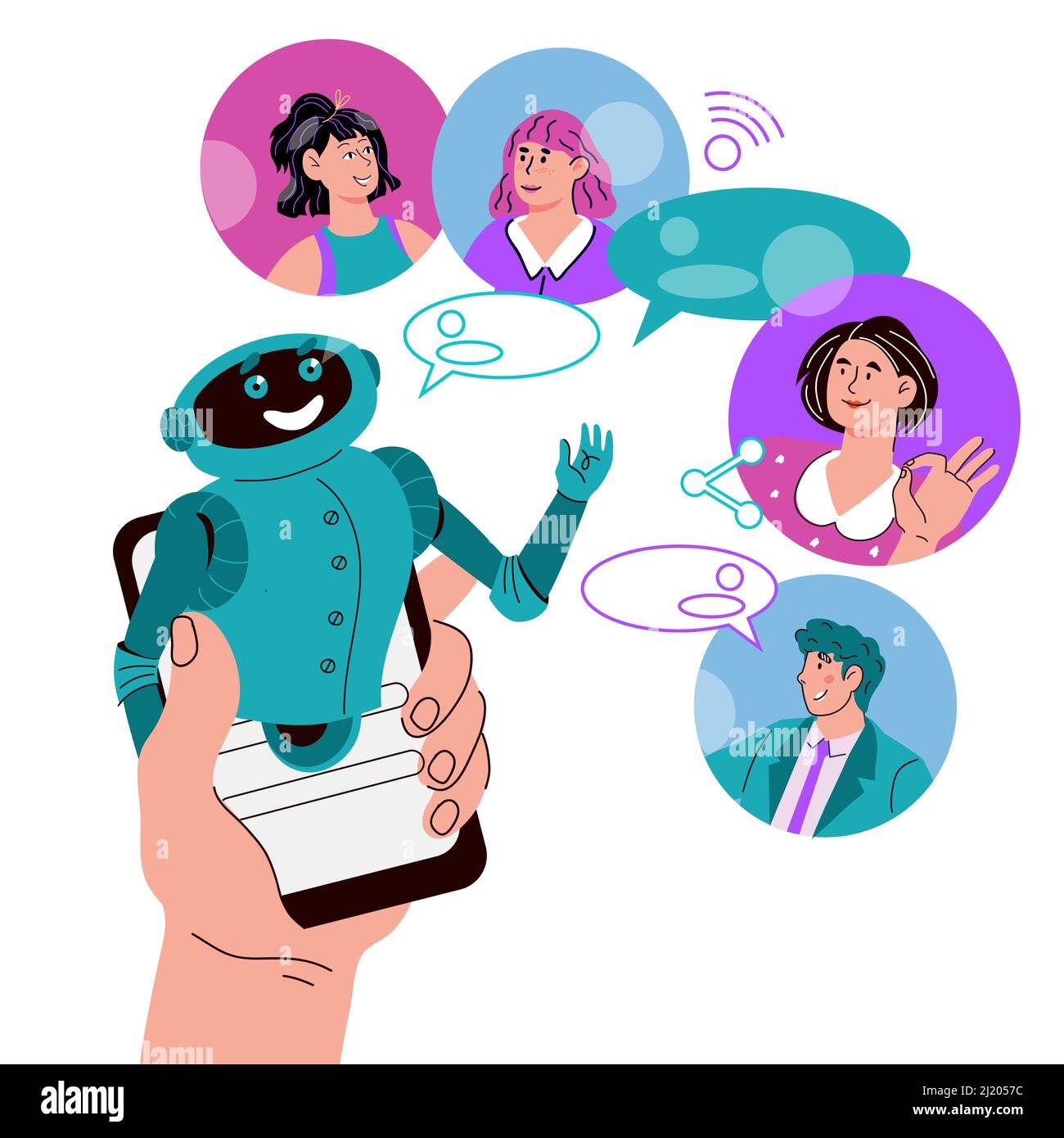 Programma chatbot con i clienti che dialogano con l'assistente robot sugli  smartphone. Supporto assistente ai e concetto FAQ, flat cartoon vettoriale  illustrati Immagine e Vettoriale - Alamy