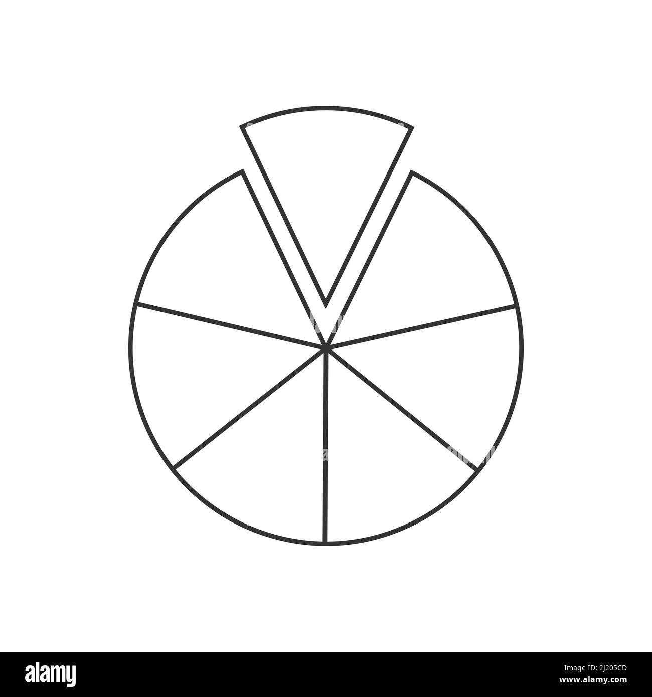 Cerchio diviso in 7 segmenti. Forma a torta o pizza tagliata in sette fette uguali. Esempio di grafico statistico rotondo isolato su sfondo bianco. Illustrazione del contorno vettoriale Illustrazione Vettoriale