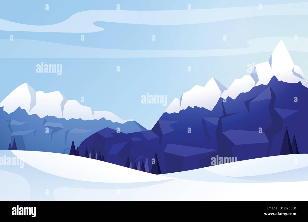 Panorama soleggiato e nevoso con montagne blu e pini Illustrazione Vettoriale