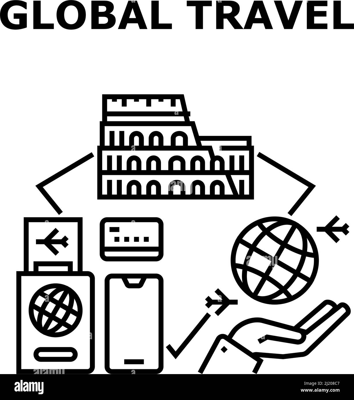 Illustrazione nera del concetto di vettore di viaggio globale Illustrazione Vettoriale