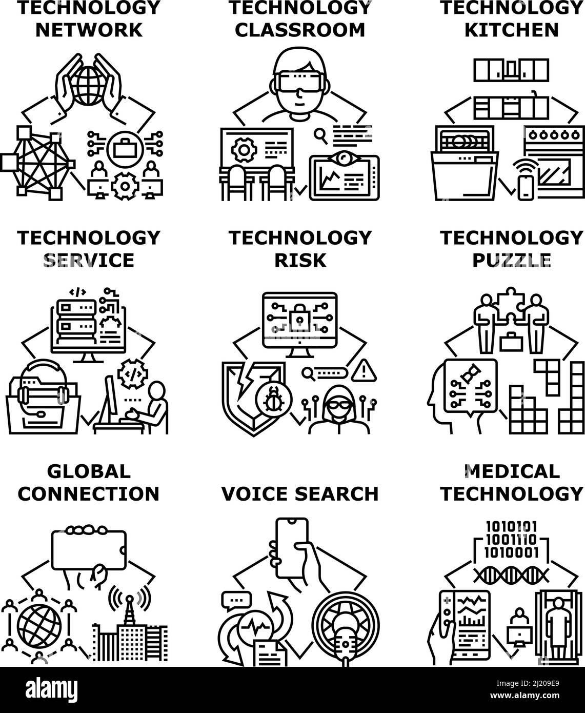 Icone del set di servizi tecnologici illustrazioni vettoriali Illustrazione Vettoriale