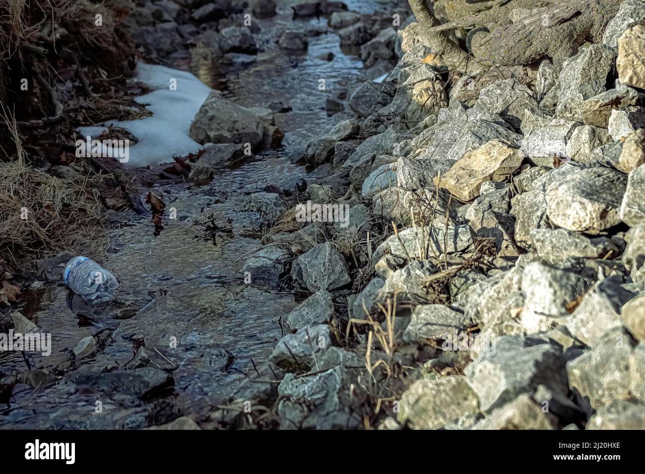 Una bottiglia d'acqua galleggia lungo un ruscello quando arriva la primavera Foto Stock