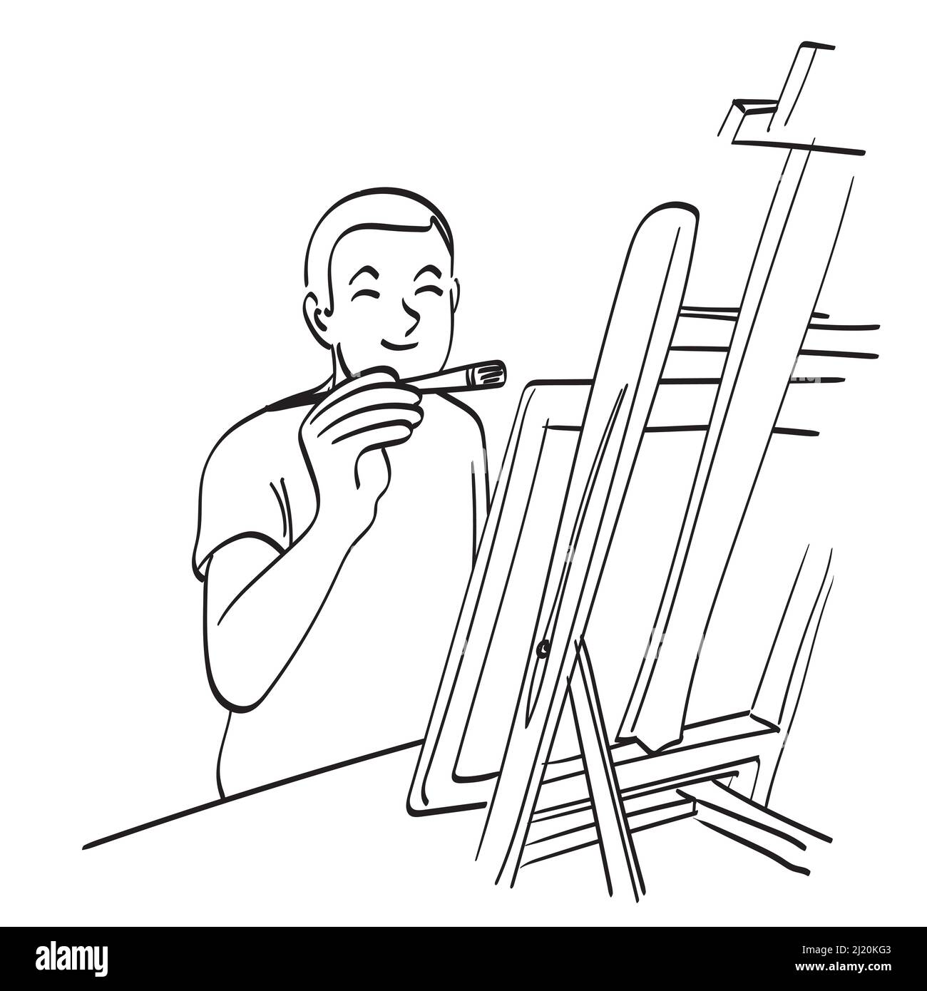 uomo pittura su una tela illustrazione vettore disegnato a mano isolato su sfondo bianco art. Illustrazione Vettoriale
