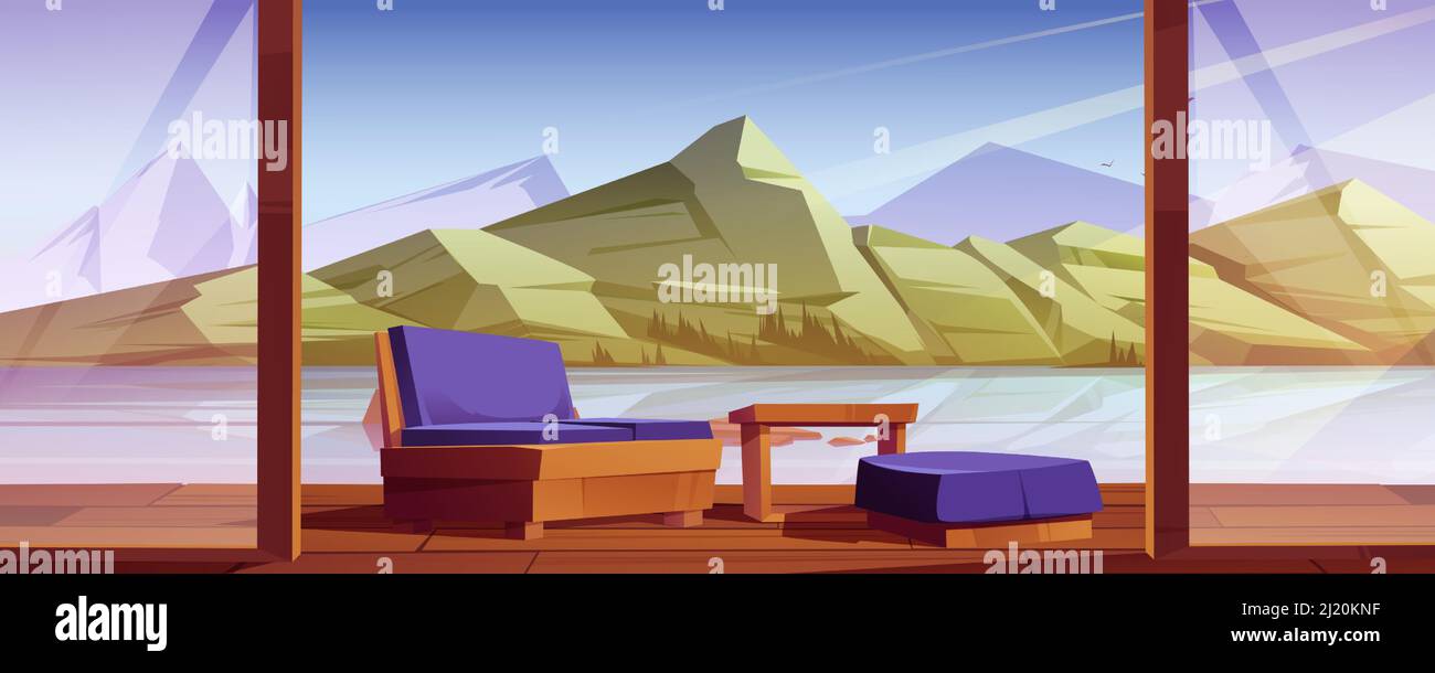 Casa terrazza sulla riva del lago. Veranda in legno con divano, tavolo e vista sul fiume e sulle montagne. Illustrazione vettoriale di cartoni animati del paesaggio nordico e balcone cottage con pareti di vetro Illustrazione Vettoriale