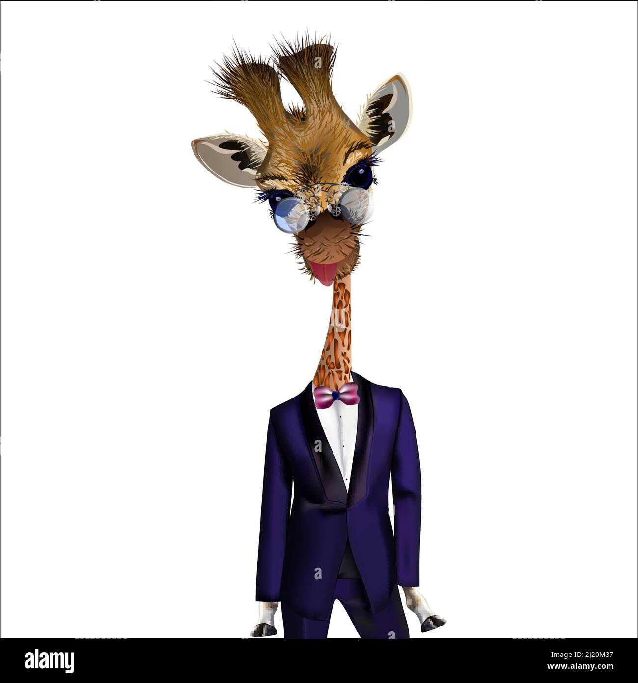Giraffa in tuxedo blu e bow tie, indossare occhiali a vapore, illustrazione vettoriale, stampa elegante per t-shirt, pigiama, diario, tazza Illustrazione Vettoriale