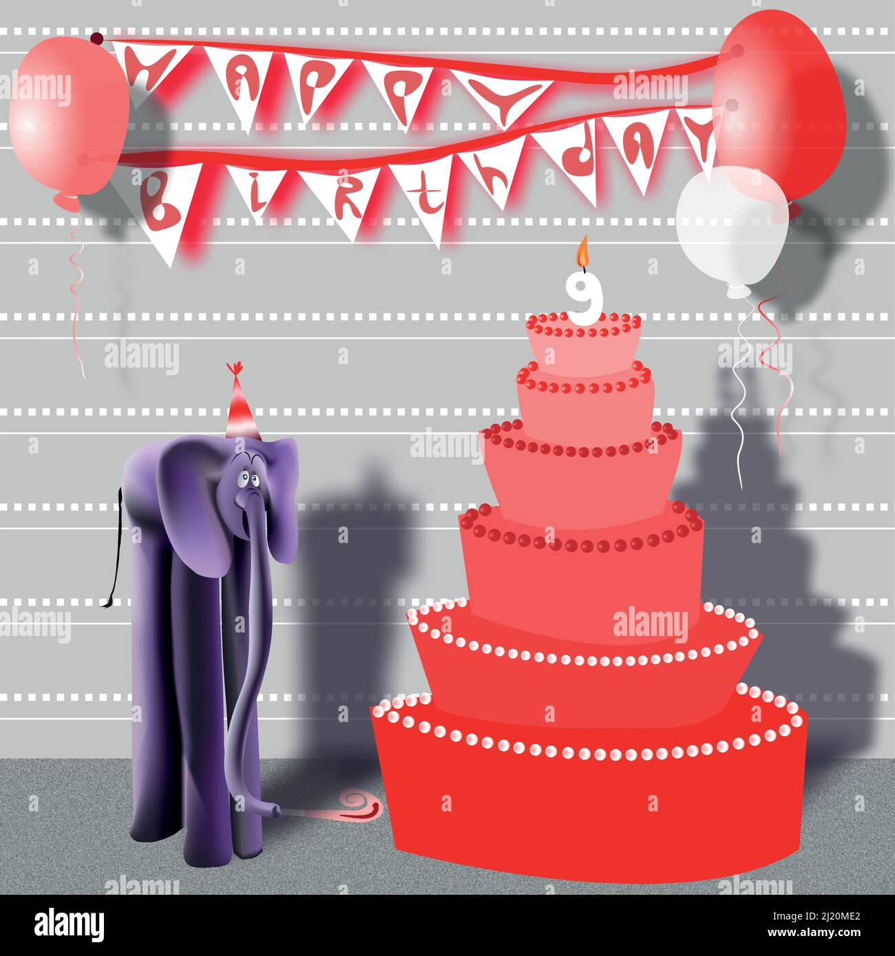 Happy 9th Birthday card con elefante Illustrazione Vettoriale