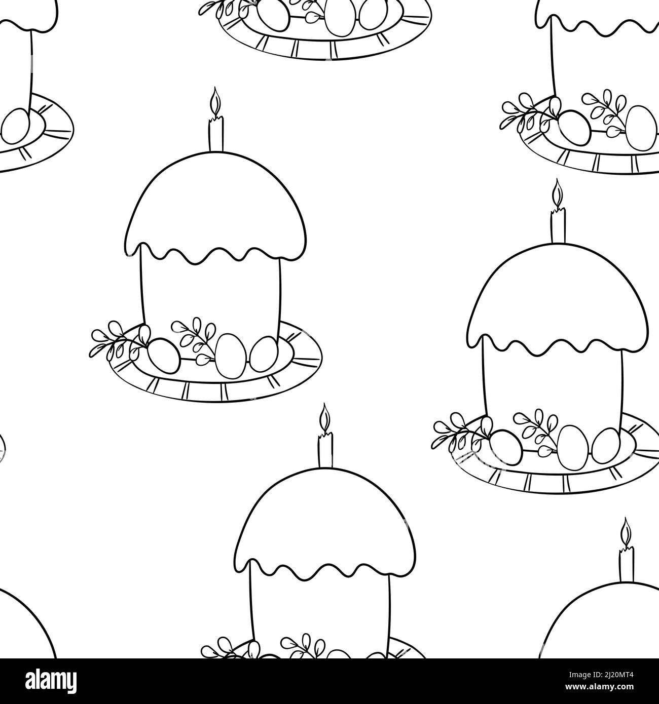 Motivo senza cuciture con torta di Pasqua su sfondo bianco. Simbolo di Pasqua felice disegnato a mano. Disegno per scheda, cartolina, carta da parati, poster, tessuto, tessile Illustrazione Vettoriale