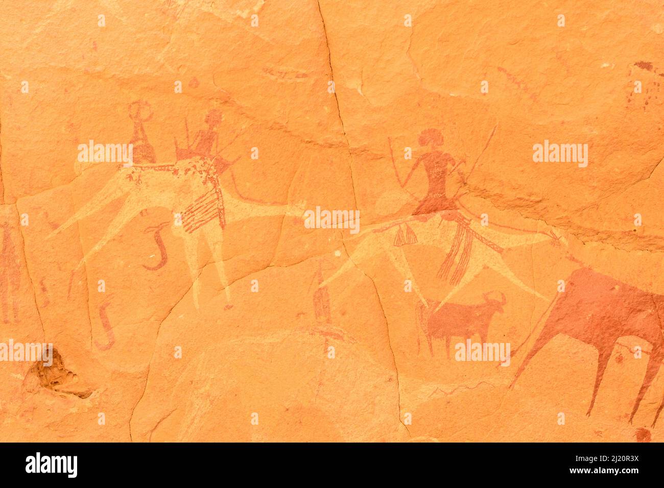 Antiche pitture rupestri. Ennedi Riserva Naturale e Culturale, Patrimonio dell'Umanità dell'UNESCO, Ciad. Settembre 2019. Foto Stock