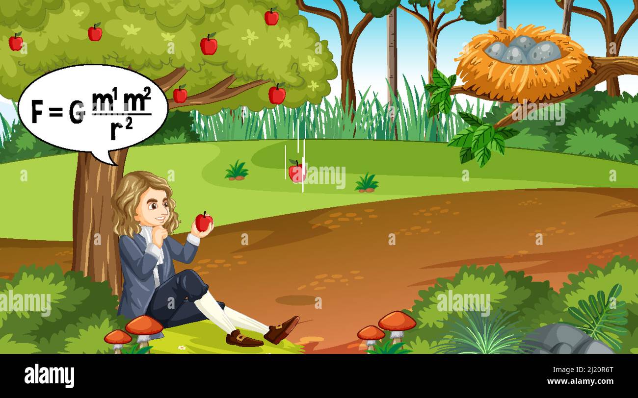 Isaac Newton seduto sotto l'illustrazione dell'albero della mela Illustrazione Vettoriale