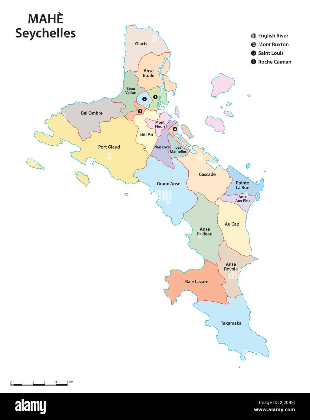 Mappa amministrativa vettoriale dell'isola delle Seychelles di Mahe Illustrazione Vettoriale