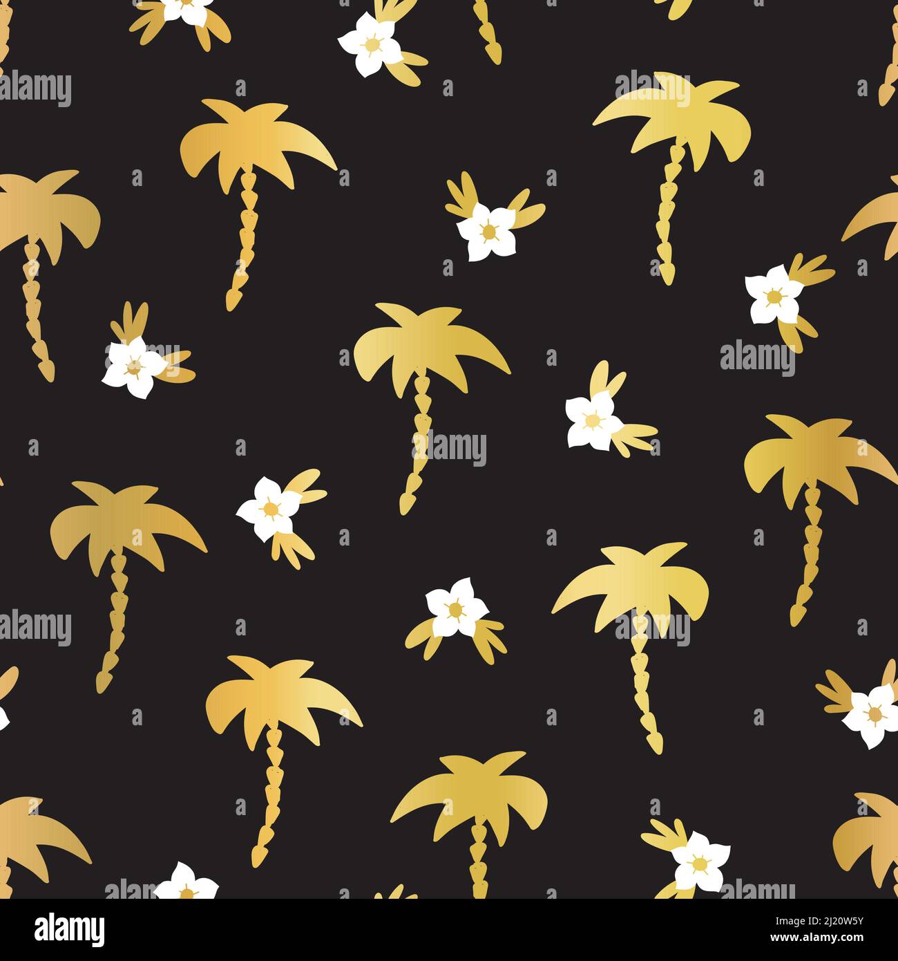 Golden Palm trees bianco Hibiscus fiori senza giunture vettoriale sfondo nero. Silhouette di palme in lamina d'oro con motivo ricorrente. Elegante floreale tropicale Illustrazione Vettoriale