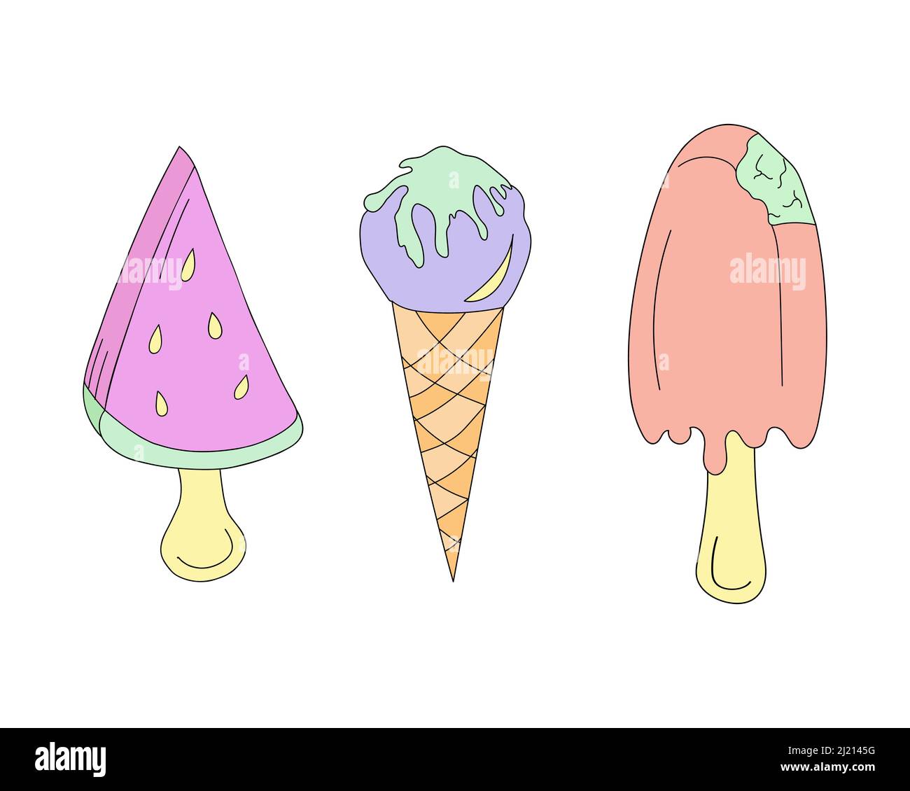 Gelato in stile doodle, cocomero, popsicle e corno. Illustrazione vettoriale in stile doodle. Illustrazione Vettoriale