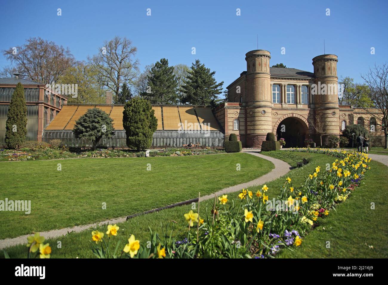 Giardino Botanico in primavera con Orangerie a Karlsruhe, Baden-Württemberg, Germania Foto Stock