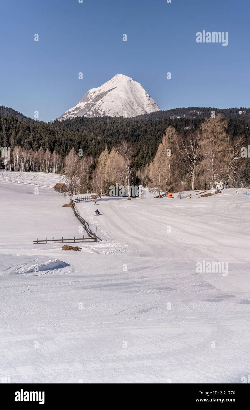 Paesaggio montano invernale con il picco Hohe Munde che si snoda tra boschi sulle piste da sci di Birkenlifte, girato alla luce brillante di Seefeld, Tirolo, Austria, Foto Stock