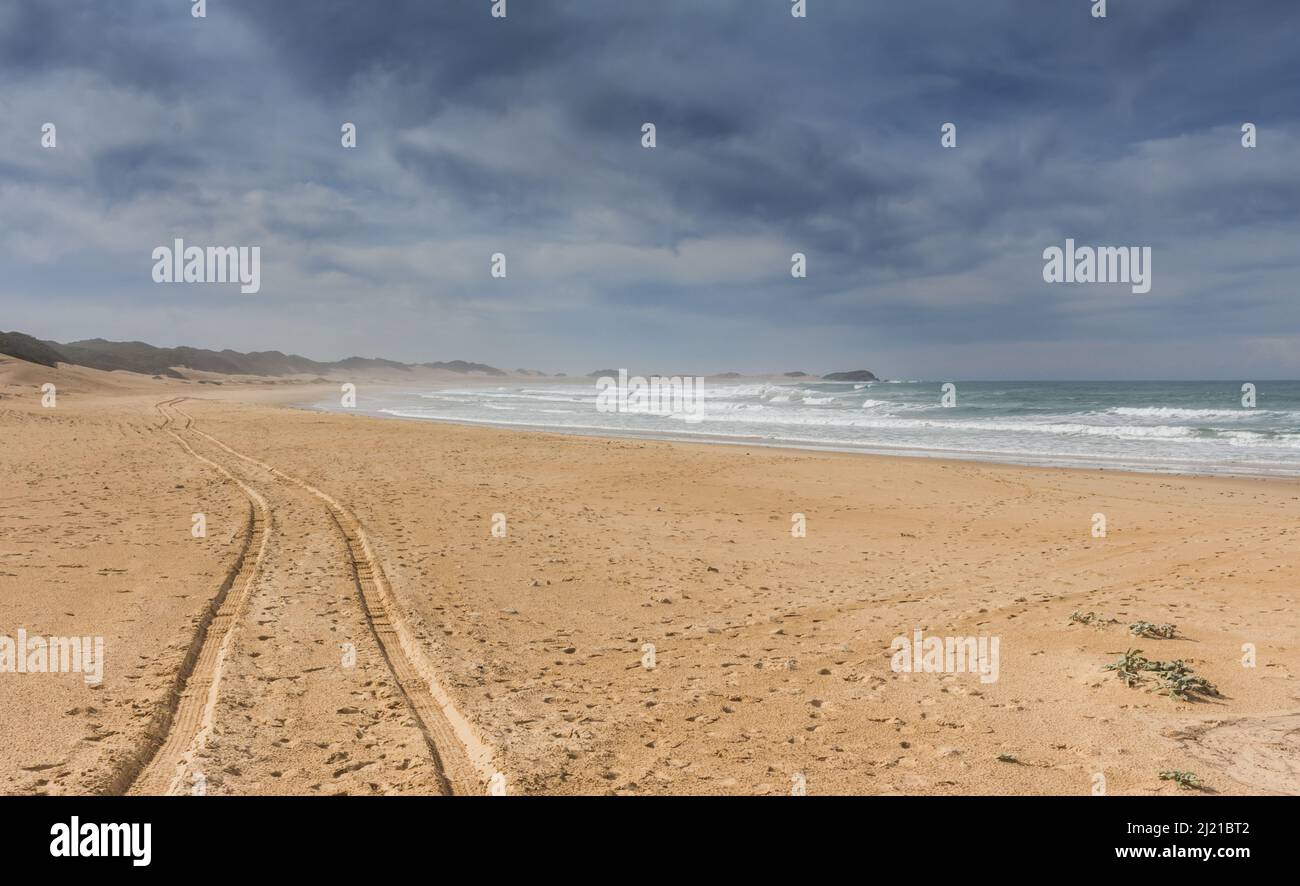 Piste per pneumatici sulla sabbia della spiaggia di sabbia Foto Stock