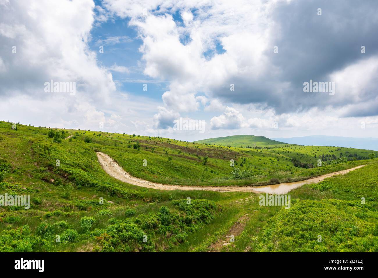 paesaggio montano ucraino dei carpazi in estate. strada sterrata e sentiero escursionistico. vista panoramica di una campagna collinare. vacanza e vita attiva Foto Stock