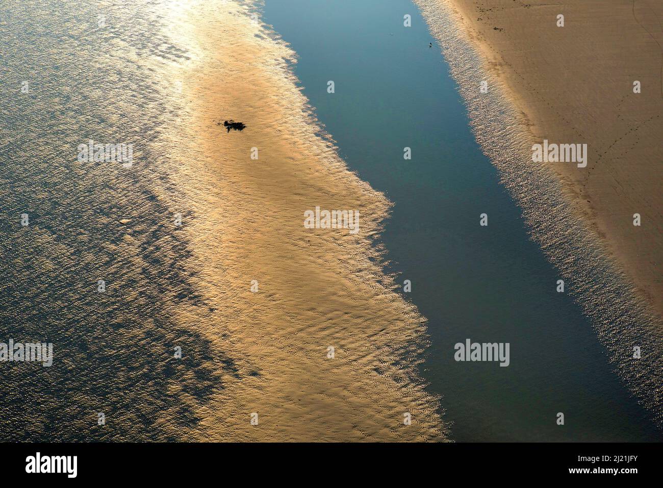 Costa occidentale del Mare del Nord a bassa marea alla luce della sera, vista aerea, Belgio, Fiandre Foto Stock