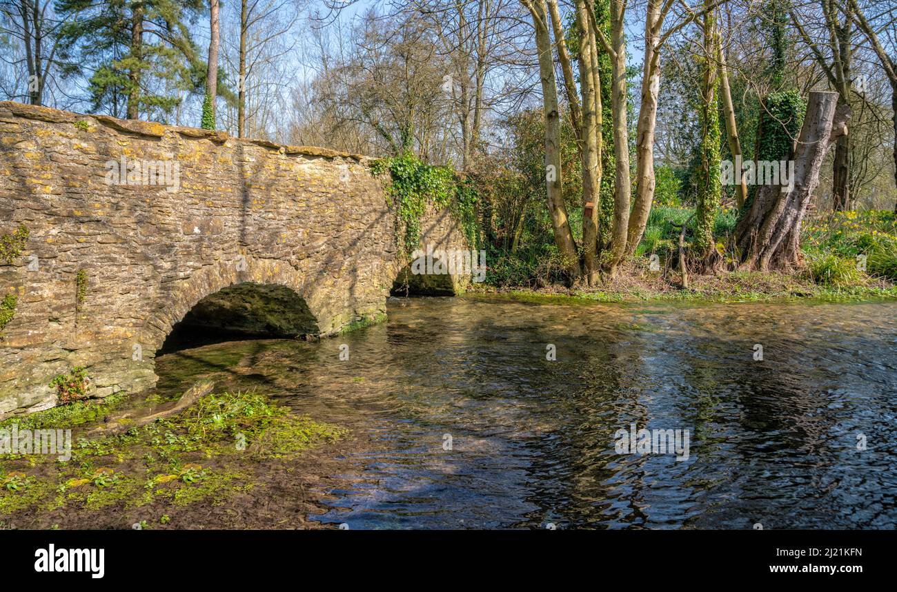 Ponte di pietra sul fiume Leach nel villaggio Cotswold di Southrop, Gloucestershire, Regno Unito Foto Stock