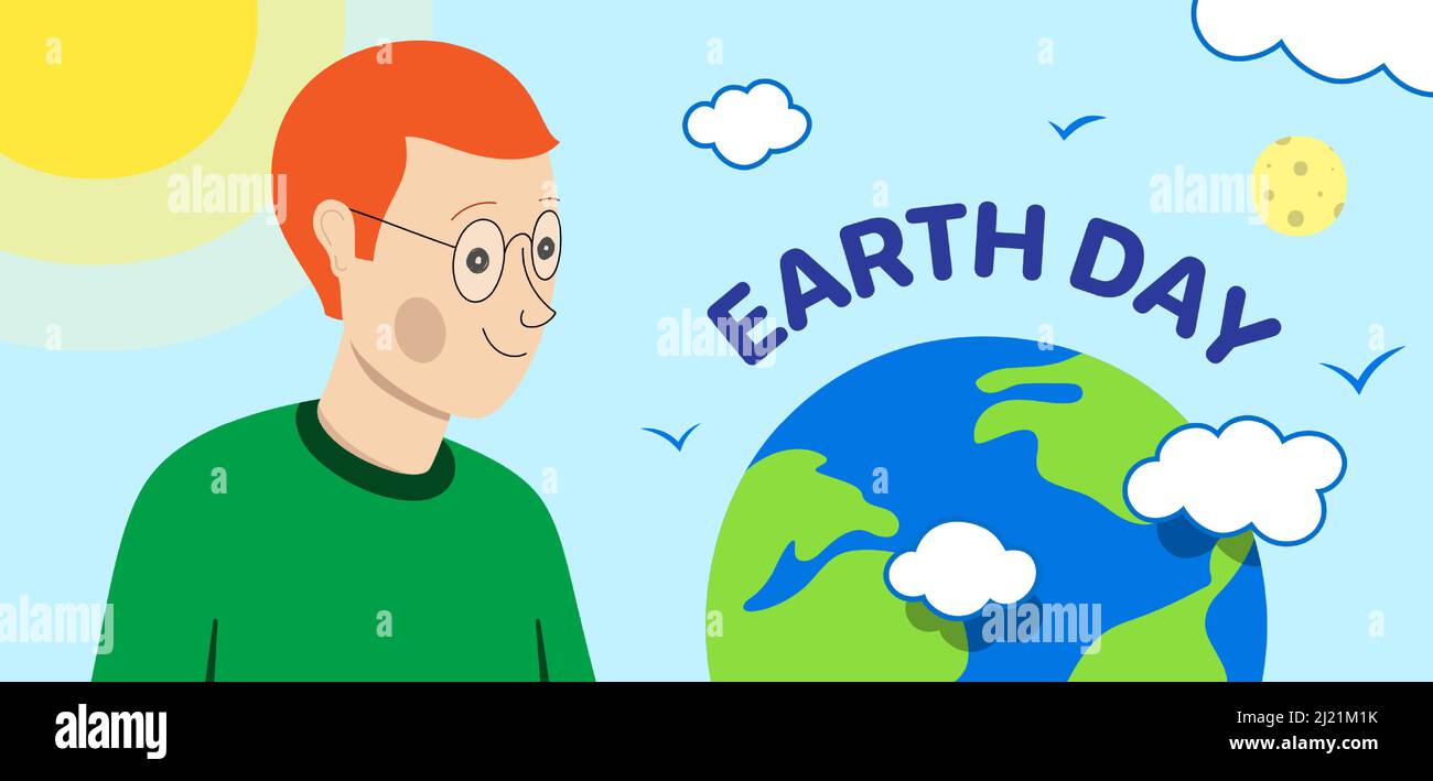 Uomo felice di capelli rossi che guarda sul pianeta Terra. Disegno del banner vettoriale del giorno della Terra. Illustrazione Vettoriale