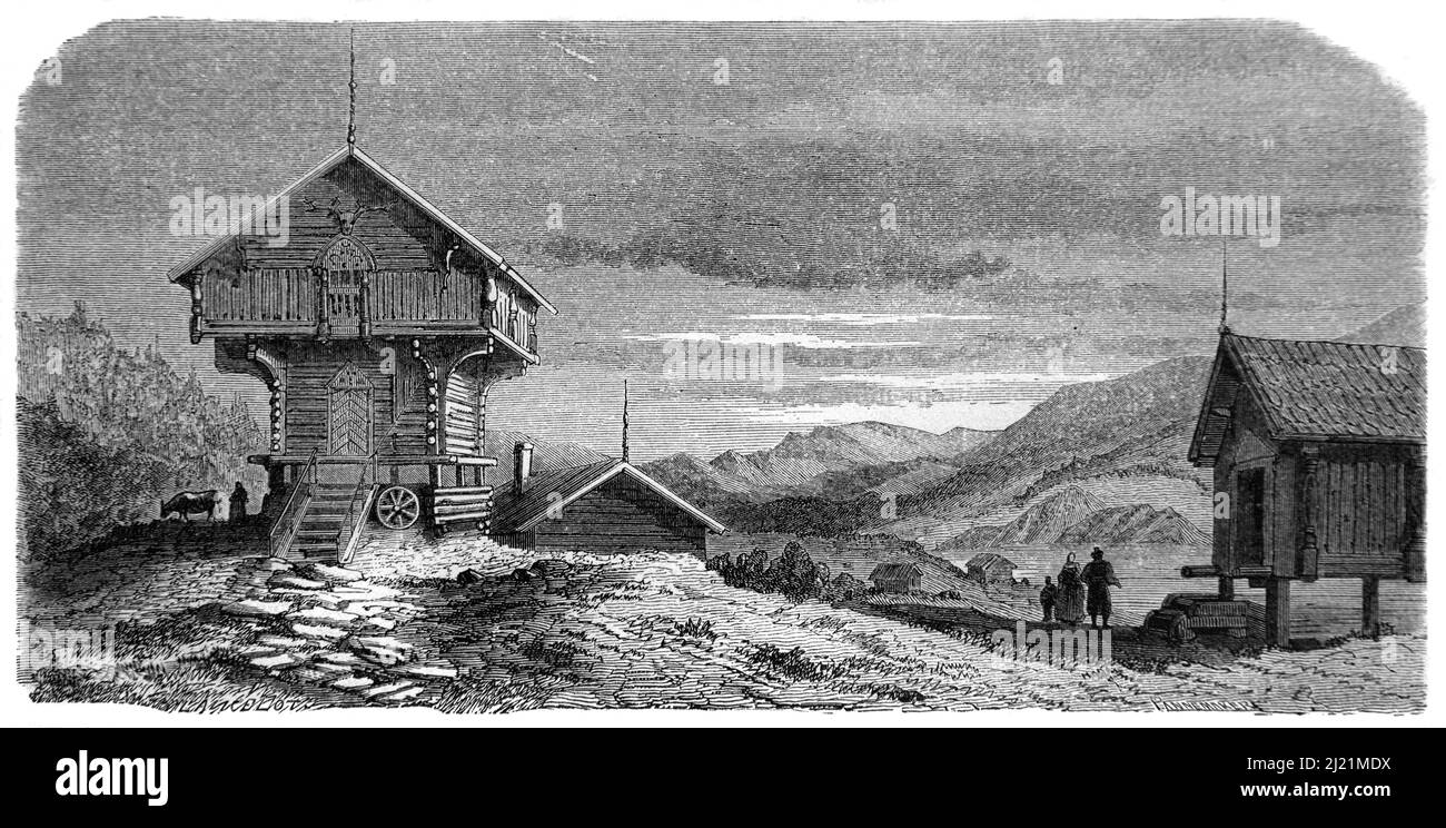 Chalet in legno tradizionale, capanna di legno o Tiny House Bamble Vestfold og Telemark Norvegia. Illustrazione o incisione vintage 1860. Foto Stock