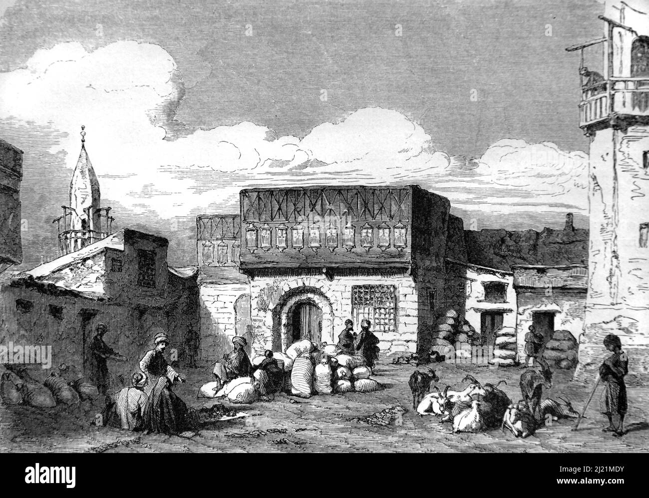 Mercato del grano e Piazza della Città nella Città Vecchia o quartiere storico di Suez Egitto. Illustrazione o incisione vintage 1860. Foto Stock