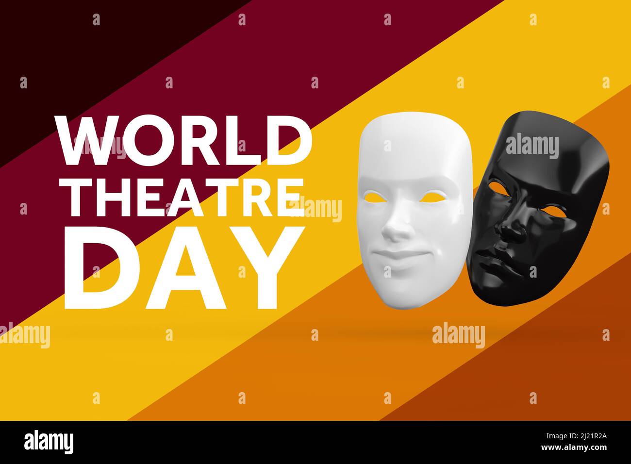 Giornata mondiale del teatro. White Smiling Comedy e Black Sad Drama Grottesque Theatre Mask con World Theatre Day Sign su sfondo multicolore. 3 Foto Stock