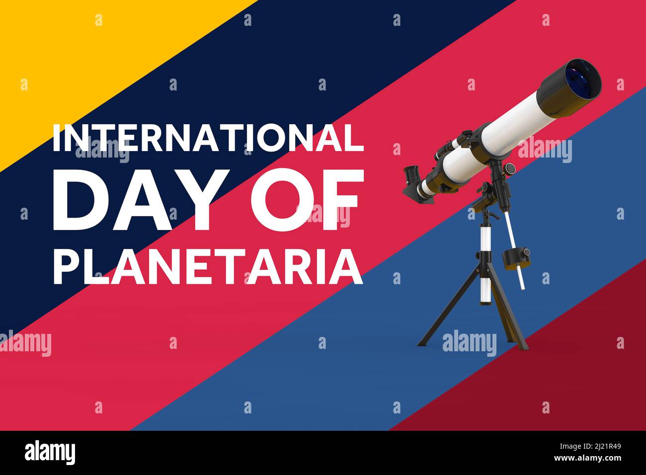 Giornata Internazionale Planetaria. Bianco Modern Mobile Telescope su treppiede e Giornata Internazionale di Planetaria Sign on a multicolore background. 3 Foto Stock