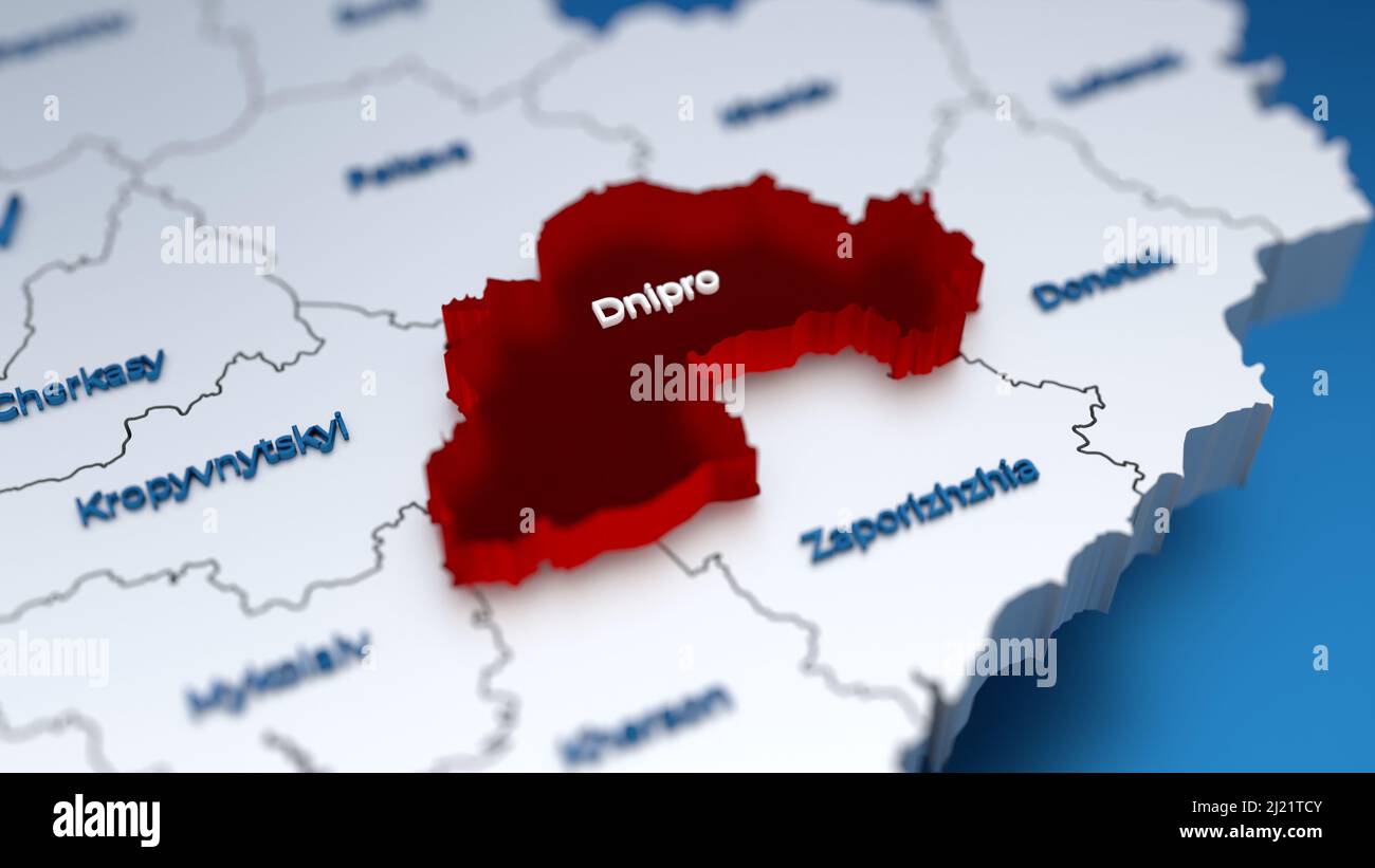 Elegante mappa del 3D dell'Ucraina con la regione Dnipro in evidenza in rosso Foto Stock