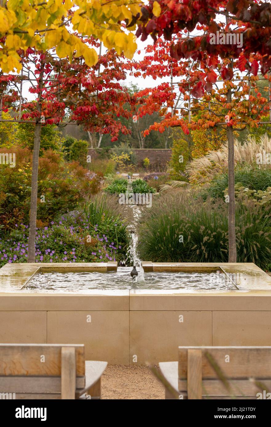 Fountain in the Paradise Garden progettato dall'architetto di paesaggio Tom Stuart-Smith presso il RHS Bridgewater. Salford. Greater Manchester. REGNO UNITO Foto Stock
