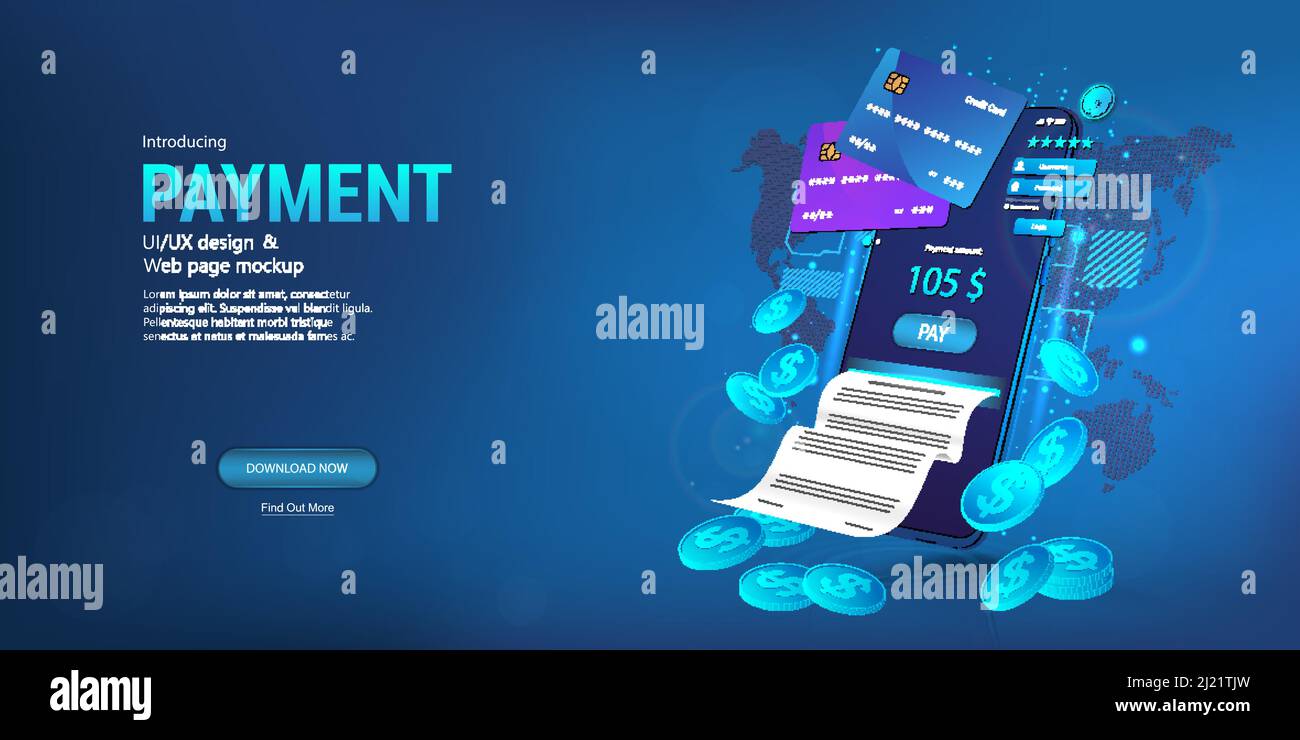 Gestione finanziaria online, pagamenti di fatture, trasferimenti di denaro tramite smartphone Illustrazione Vettoriale