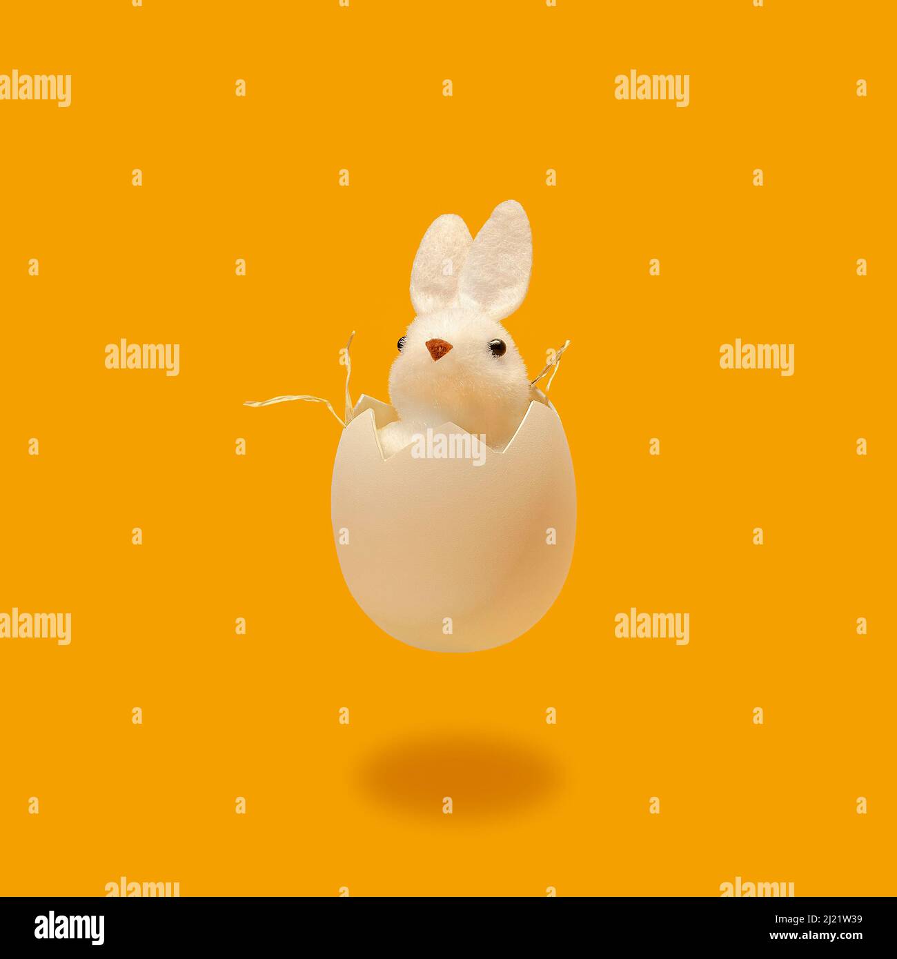 Periodo di Pasqua. Il piccolo coniglietto di Pasqua bianco e soffice si trova nella conchiglia dell'uovo di Pasqua. Sfondo Gold Fusion. Un semplice concetto minimo di Pasqua. CIR Foto Stock