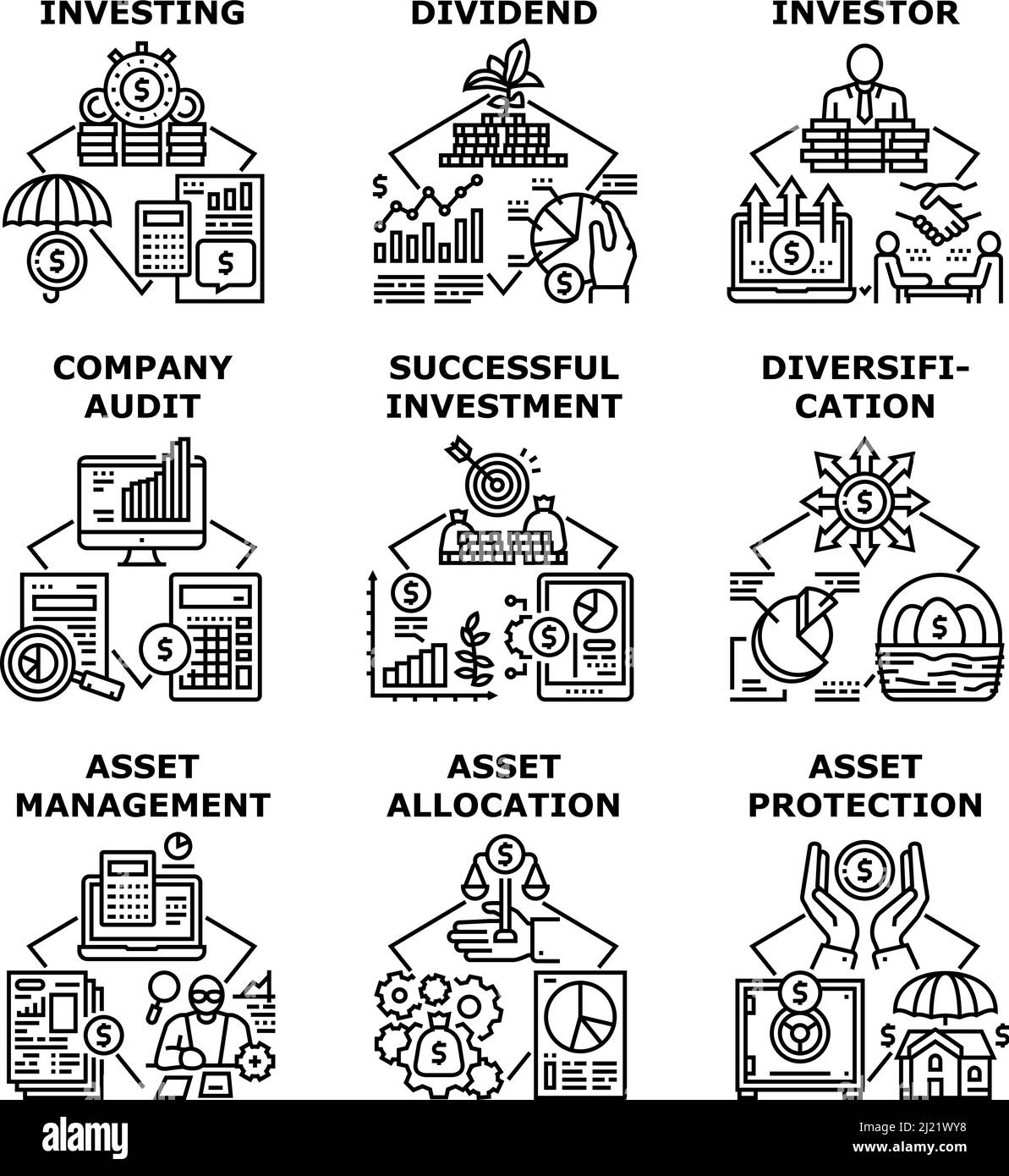 Icone del set di gestione delle risorse illustrazioni vettoriali Illustrazione Vettoriale