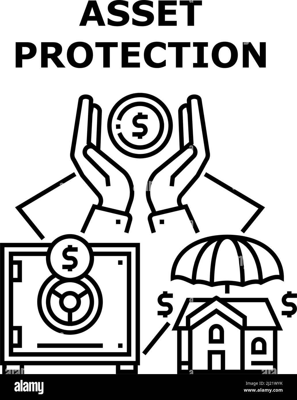 Illustrazione nera del concetto vettoriale di protezione delle risorse Illustrazione Vettoriale