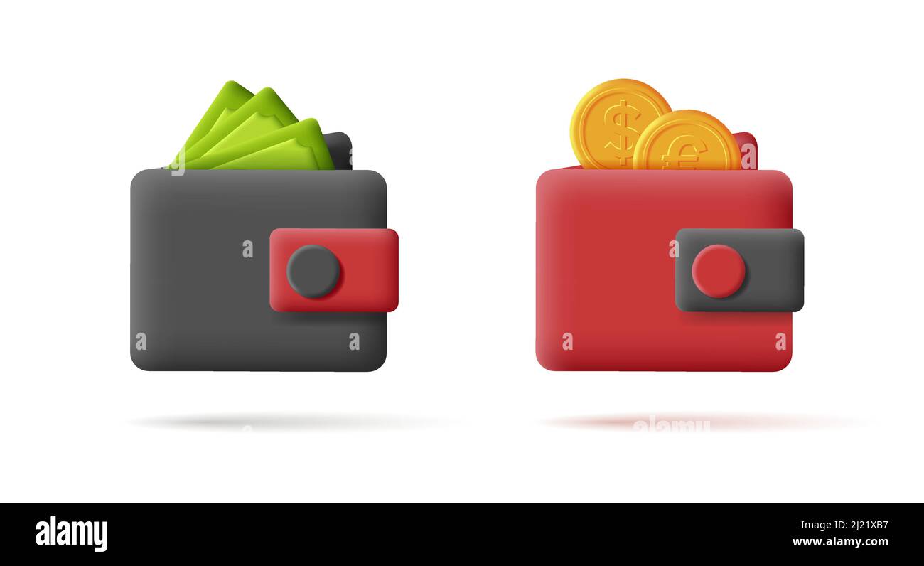3d icona di rendering con portafoglio con monete e banconote in denaro verde Illustrazione Vettoriale