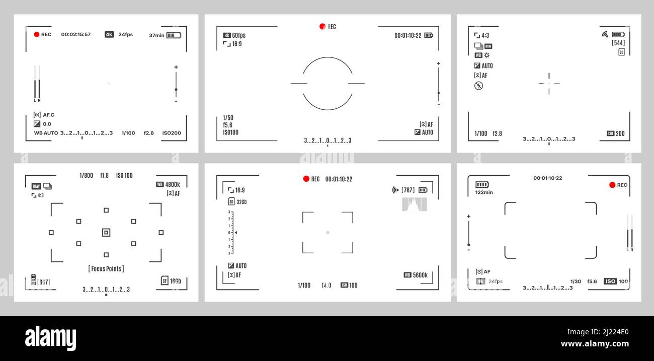 Impostazione dello schermo del mirino della fotocamera o della videocamera. Cornice di visualizzazione vettoriale, messa a fuoco e griglia, zoom, otturatore, anteprima e registrazione delle impostazioni di scatto digitale, dslr, fotocamera analogica o mirino della videocamera Illustrazione Vettoriale