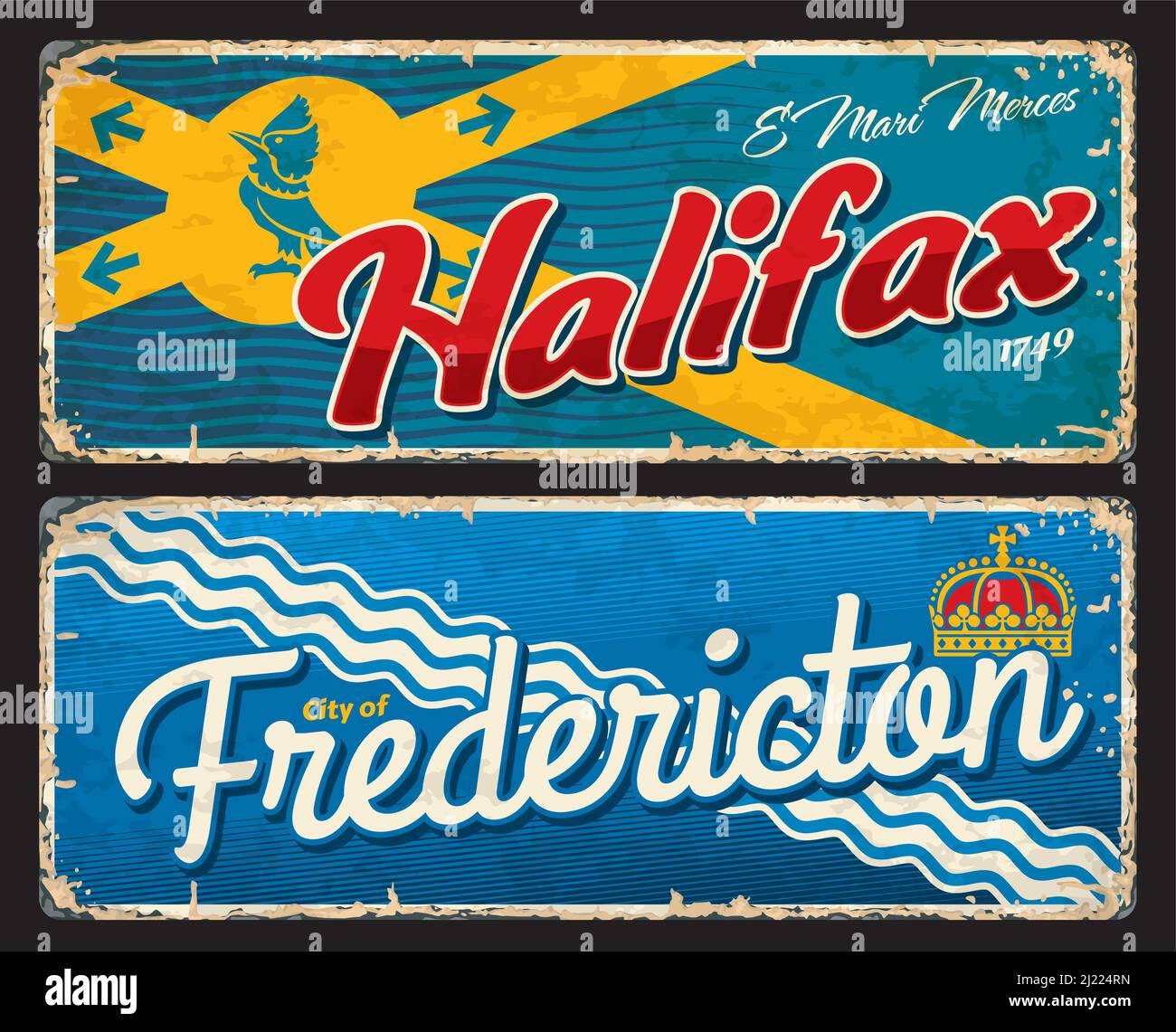 Halifax e Fredericton canadian città lastre e adesivi di viaggio, vettore stagno segni. Etichette per bagagli turistici in Canada con bandiere di province o regioni, emblemi e punti di riferimento canadesi Illustrazione Vettoriale
