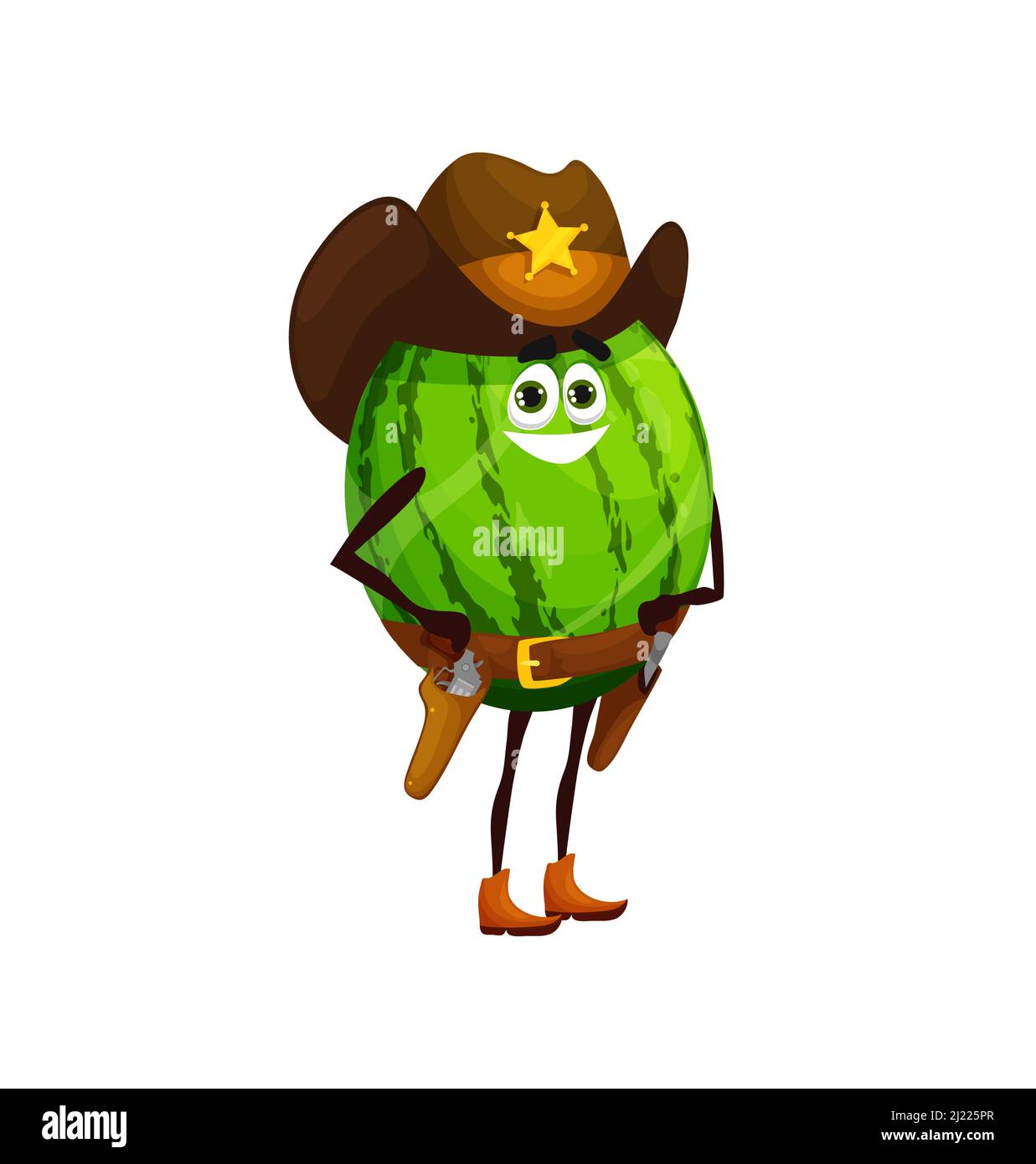 Fumetto sheriff watermelon carattere. Divertente personaggio di frutta in cowboy in stivali, cappello con stella sceriffo, armato di pistole. Felice cocomero sorridente selvaggio West ranger isolato vettore personage Illustrazione Vettoriale