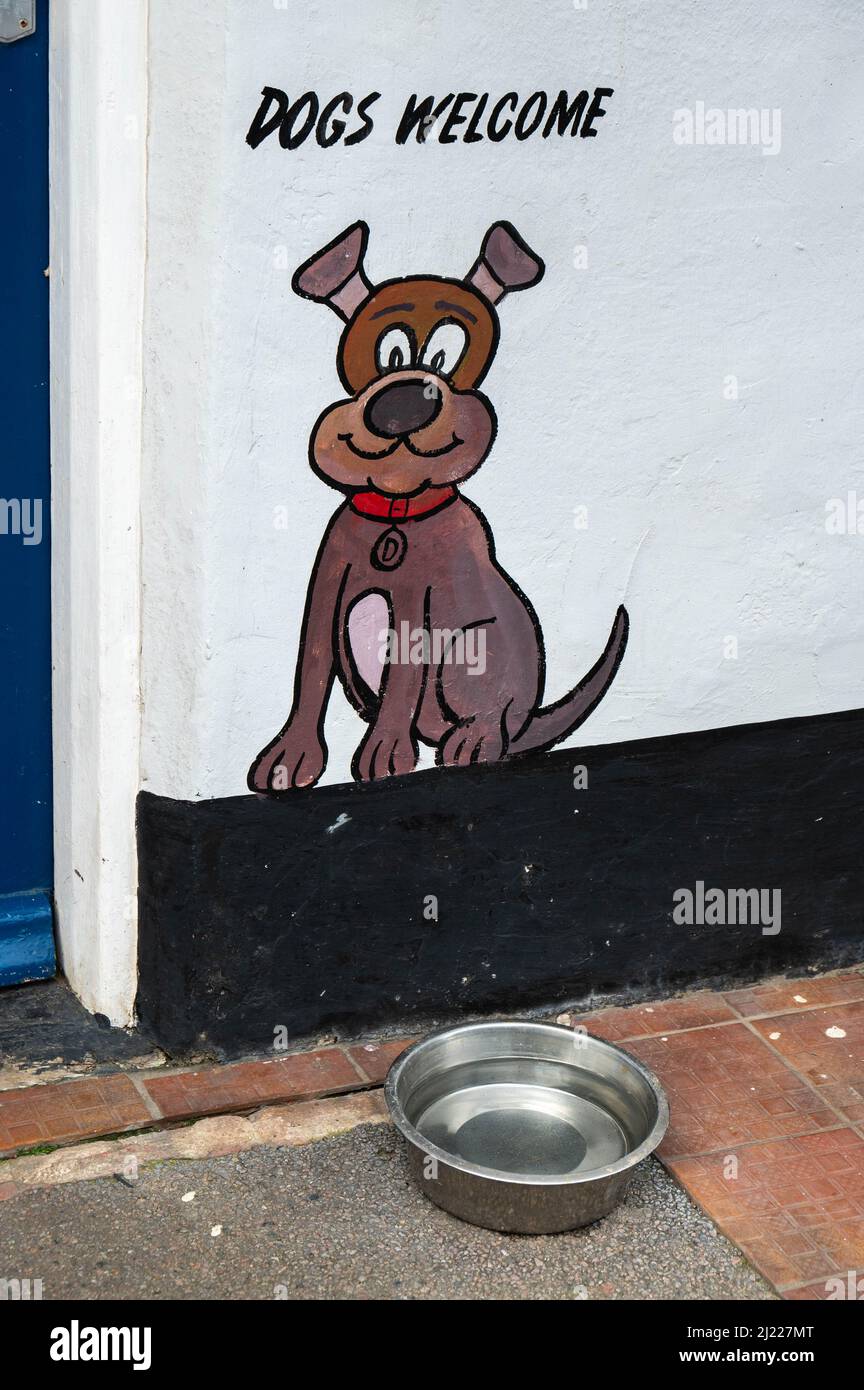 Disegno a colori di un cane su sfondo di una parete bianca con la scritta “cani benvenuti” Foto Stock