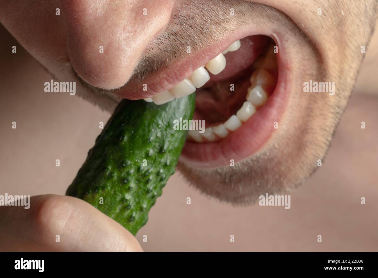 Veretarismo. Un uomo morde un cetriolo. Foto di un vegetariano che mordicchiava un cetriolo Foto Stock