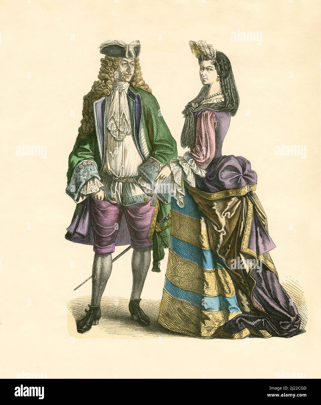 Gentleman e Lady francesi, primo terzo del 18th secolo, Illustrazione, la Storia del Costume, Braun & Schneider, Monaco di Baviera, Germania, 1861-1880 Foto Stock