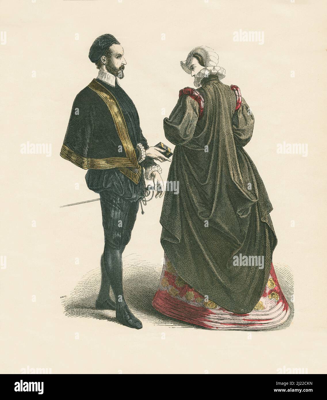 French Court Dress, secondo terzo del 16th secolo, Illustrazione, la Storia del Costume, Braun & Schneider, Monaco di Baviera, Germania, 1861-1880 Foto Stock