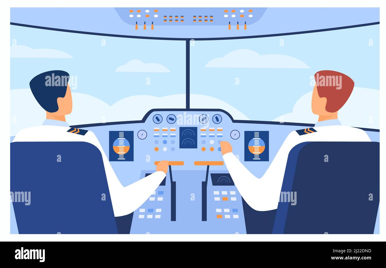 Concetto di aviazione e volo. Piloti di aeroplano e copilotto che navigano in aereo dalla cabina. Equipaggio di aeroplano al pannello di controllo. Illustrazione vettoriale per la marcia, Illustrazione Vettoriale