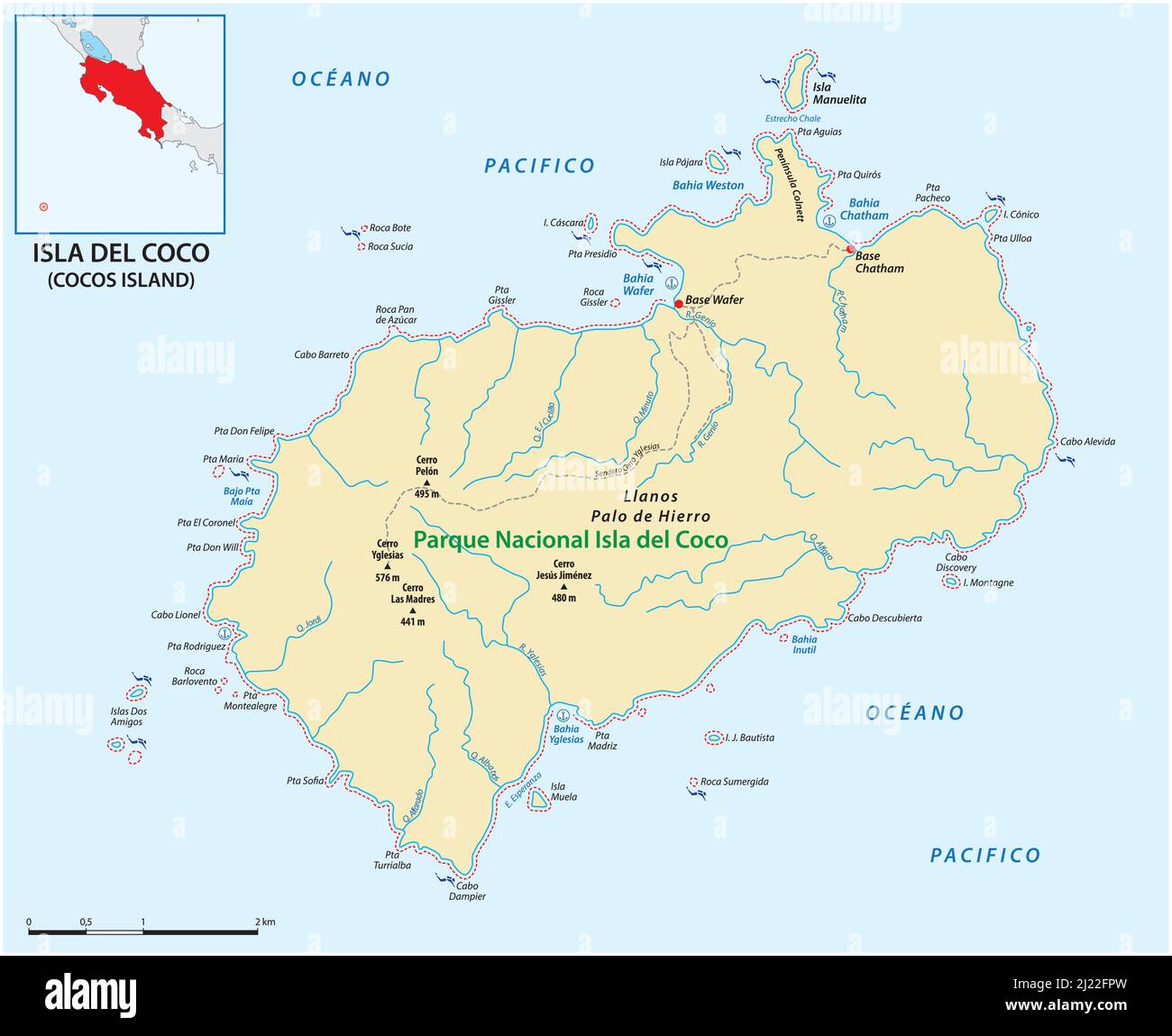 mappa dell'isola di cocos costa rica pacific Illustrazione Vettoriale